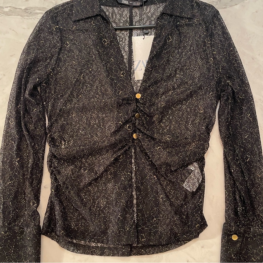 Zara Black/Gold Semi-Sheer Lace Size M NWT